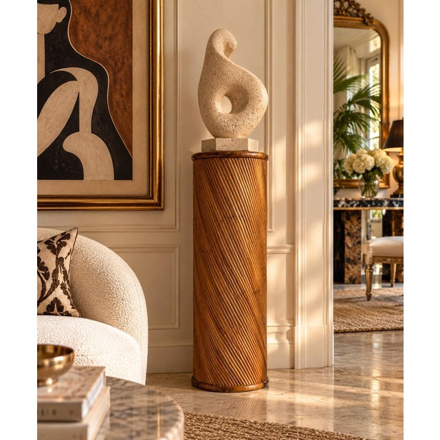 Beautiful 1970s vintage Boho Chic cylindrical pedestal featuring a distinctive diagonal pencil reed design with warm...