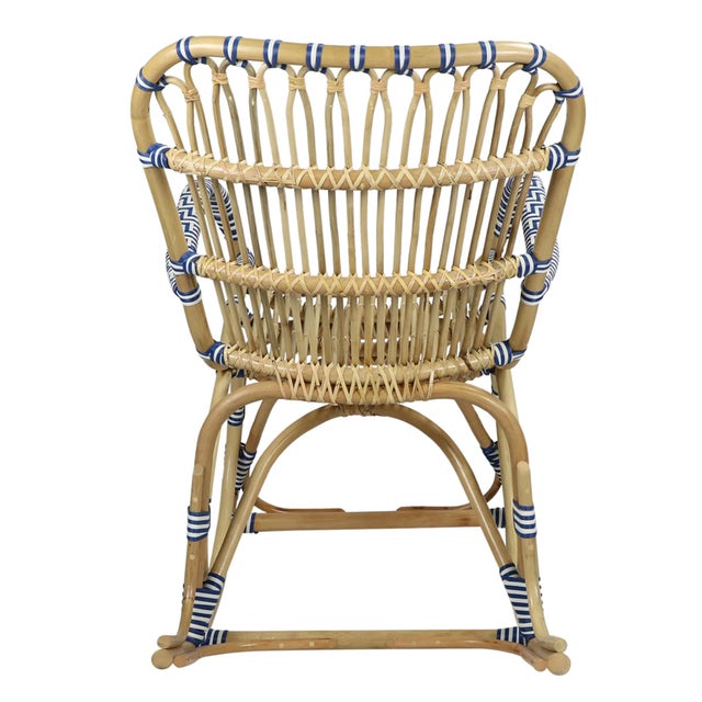2020s Matthew Izzo Home Cannes Tan, Blue, and White Rattan Rocking Chair For Sale - Image 5 of 7