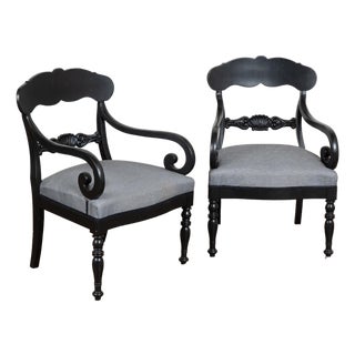 19th-Century Swedish Carved Pine Black Painted Armchairs For Sale