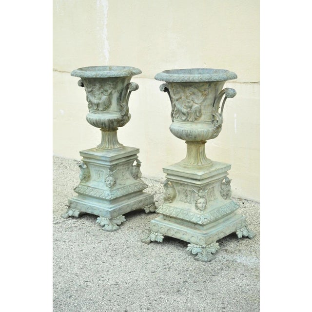 French Late 20th Century French Louis XV XVI Style Bronze Verdigris 43" Figural Garden Planters - A Pair For Sale - Image 3 of 12