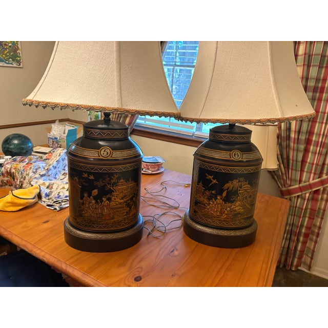 Pair of Chinoiserie Tole Tea Caddy Table Lamps No. 5 & 6 – Black & Gilt – Working For Sale In Dallas - Image 6 of 6