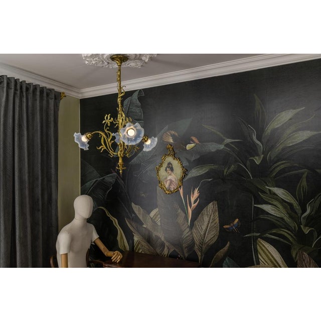 Gold French Art Nouveau Opalescent Glass & Bronze Floral Chandelier, 1920 For Sale - Image 8 of 18