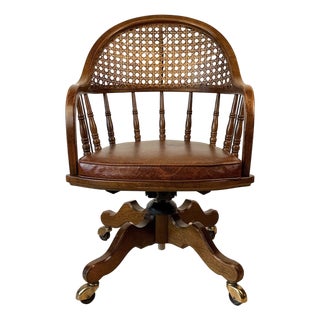 Vintage Traditional Mahogany & Cane Bankers Swivel Desk Chair For Sale