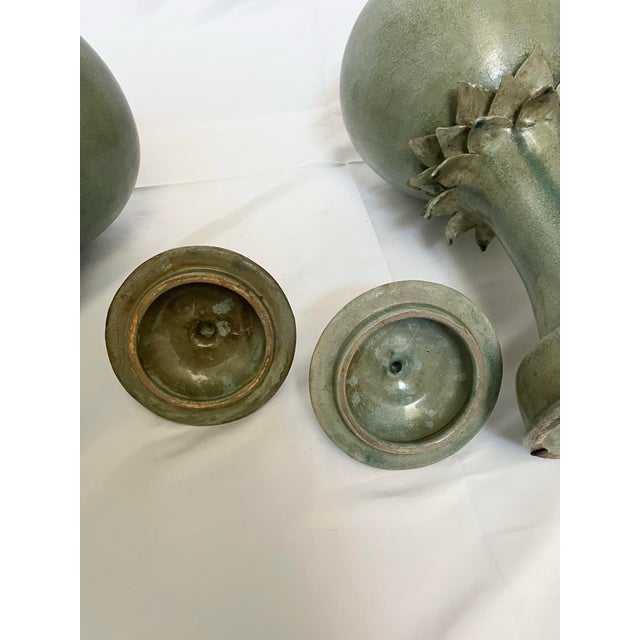 Vintage Green Ceramic Urn Jars – Pair For Sale - Image 9 of 10