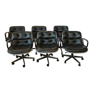 1980s Knoll Black Leather Executive Pollack Desk Chairs - Set of 6 For Sale