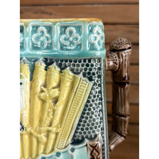 Victorian Majolica Aesthetic Movement Pitcher — Birds, Fans & Bamboo Handle c.1880 For Sale In Des Moines, IA - Image 6 of 12