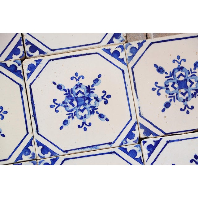 Antique 1920s Portuguese Ceramic Tiles With Stylized Art Deco Rosette Motif Set of 14 For Sale - Image 6 of 18
