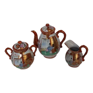 Vintage Asian Tea Pot, Covered Sugar Bowl, and Creamer Set- 3 Pieces