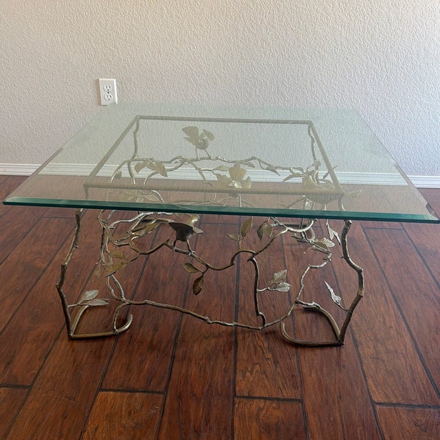 Metal 1970s Vintage Italian Brass Organic Tree & Bird Square Cocktail Table For Sale - Image 7 of 9