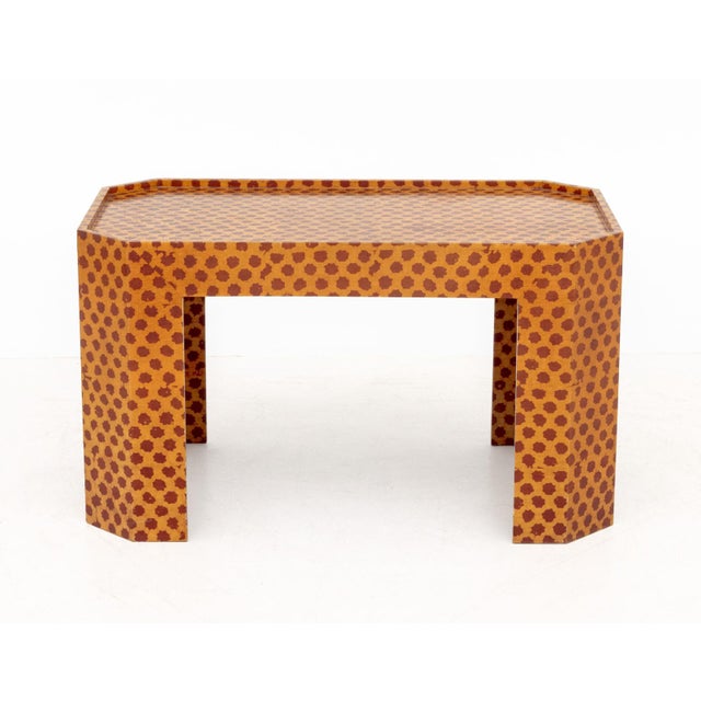 Modern Red and Yellow Patterned Side Table, the top with galleried edge. 17" H x 30" W x 18" D. Provenance: From a Forest...