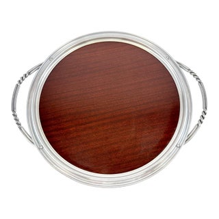 Vintage Large Round Mahogany & Silverplate Serving Tray With Twisted Handles For Sale