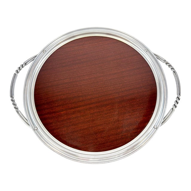 Vintage Large Round Mahogany & Silverplate Serving Tray With Twisted Handles For Sale