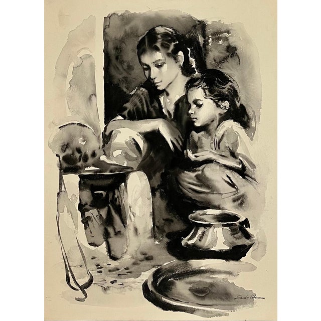 Sandu Liberman, Large Gouache Original Painting Mother & Daughter Sandu Liberman Israeli Judaica For Sale - Image 4 of 7