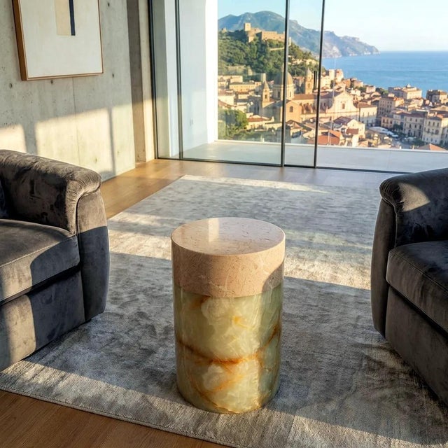 Contemporary Beige Marble and Green Onyx Side Table by Forzini For Sale - Image 3 of 10
