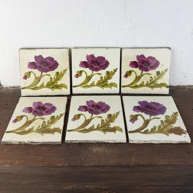 Antique Art Nouveau Floral Ceramic Tiles, 1890s, Set of 6 For Sale - Image 4 of 13