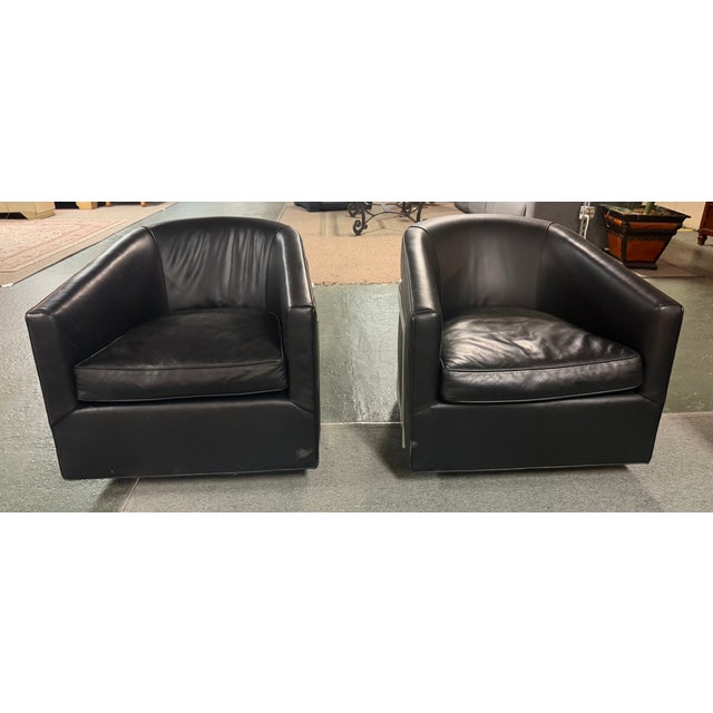 Contemporary Restoration Hardware Collection Black Leather & Chrome Accent Swivel Chairs For Sale - Image 3 of 8