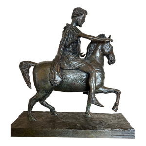 Late 20th Century Bronze-Style Roman Equestrian Statue, Marcus Aurelius Reproduction, Heavy Weighted Scholar’s Desk Piece