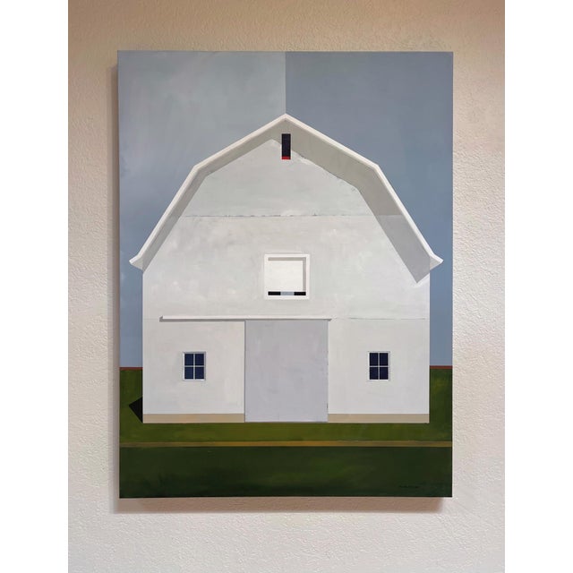 "North of Eden" is an acrylic on canvas landscape painting by Justin Wheatley, completed in 2024. A white barn stands...