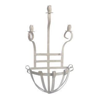 Vintage White Metal Garden Wall Planter | Candleholder For Sale