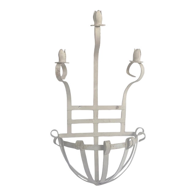 Vintage White Metal Garden Wall Planter Shabby Chic Cottage Candleholder For Sale