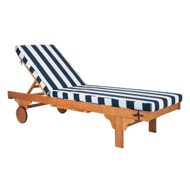 Newport Chaise Lounge Chair with Side Table, Natural/Blue Stripe Cushion For Sale - Image 10 of 10