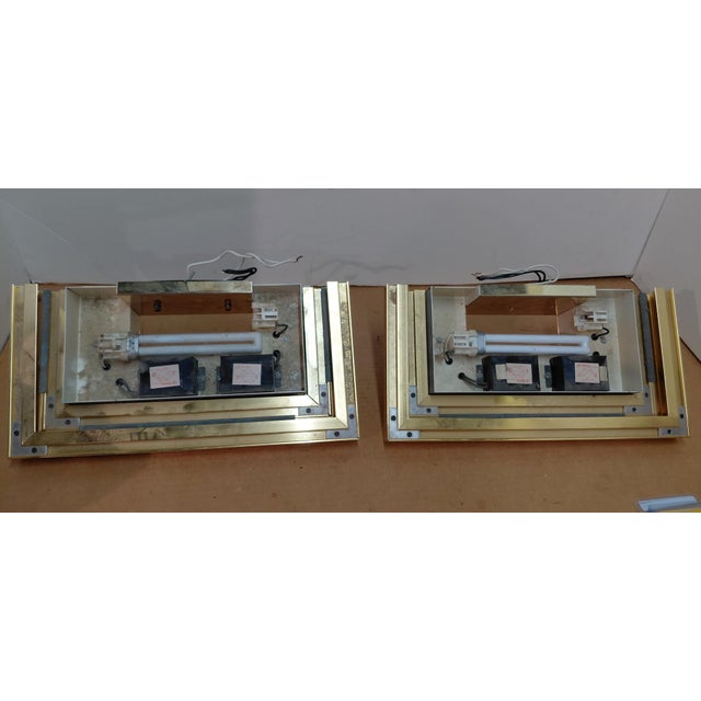 Art Deco 1980s Custom Brass Art Deco Wall Sconces Theater Hanging Pair Hollywood Regency For Sale - Image 3 of 5