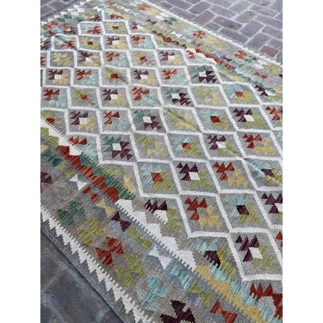 Handwoven Wool Kilim Rug, Multicolor Geometric Pattern - 6.7' X 10' For Sale - Image 6 of 8