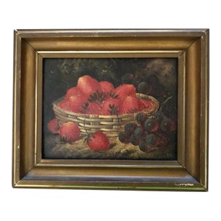 19th Century "Strawberries & Grapes" Fruit Still Life Oil Painting, Framed For Sale