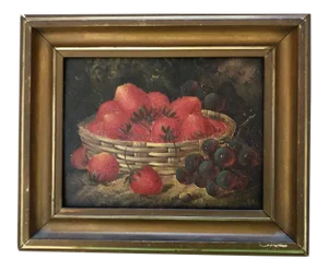 19th Century "Strawberries & Grapes" Fruit Still Life Oil Painting, Framed