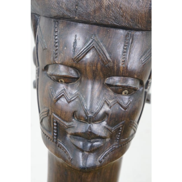 Vintage African Folk Art Carved Blackwood Tribal Warrior Head Bust Sculpture 18" For Sale - Image 10 of 14