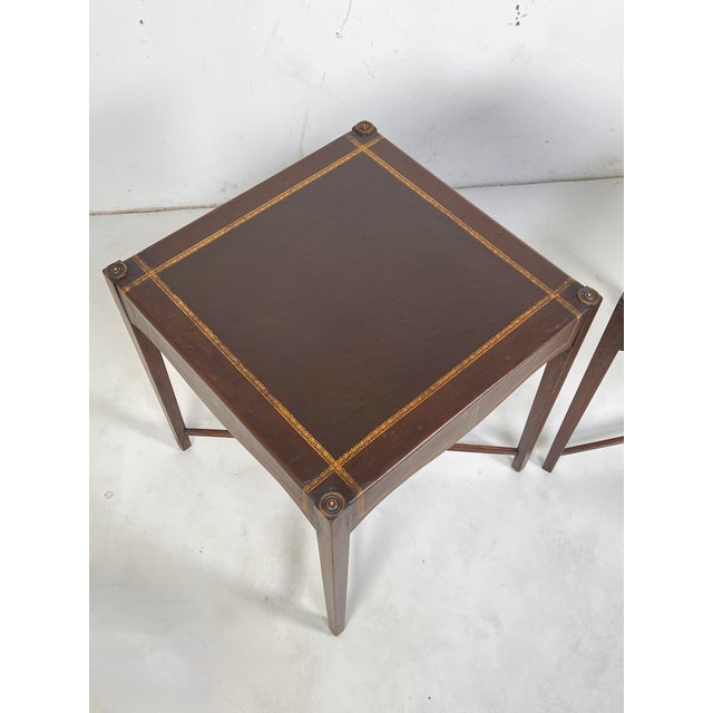 Traditional C. 1940s Regency Leather and Mahogany End Tables - A Pair For Sale - Image 3 of 12