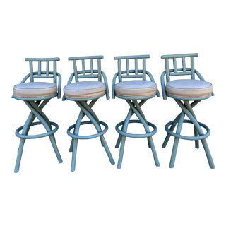1950s Vintage Strand Rattan Swivel Stools - Set of 4 For Sale