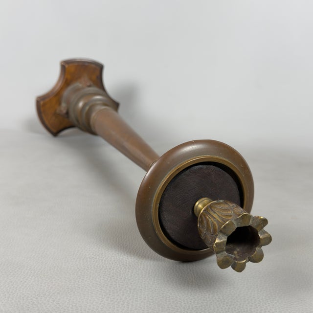 Antique Brass Candlestick with Wooden Base, 20th Century For Sale - Image 4 of 12