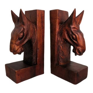 Vintage MCM Hand Carved Wood Horse Head Bookends-Pair For Sale