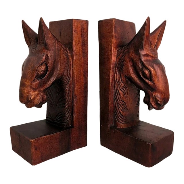 Vintage MCM Hand Carved Wood Horse Head Bookends-Pair For Sale