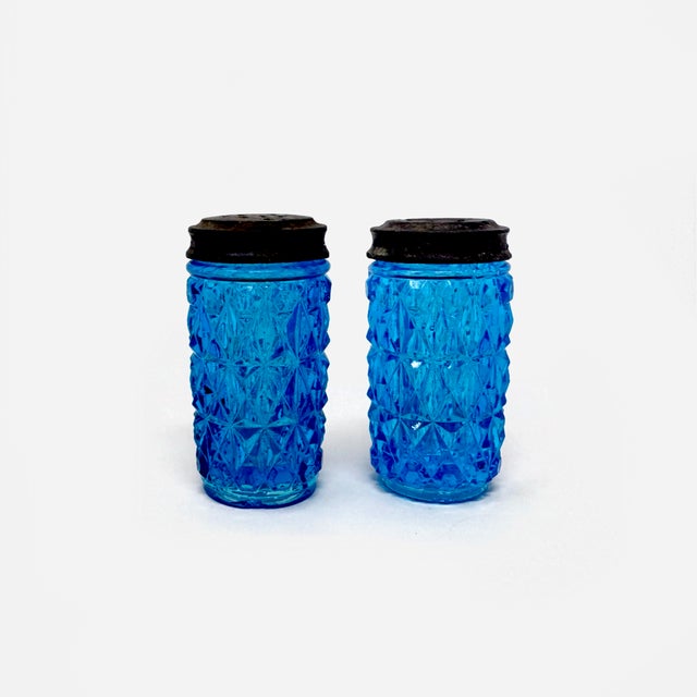 Late 20th Century Vintage Eapg Blue Glass Salt & Pepper Shakers - Diamond Point For Sale - Image 5 of 8