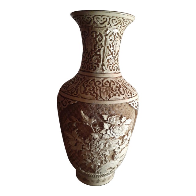 1930s Hand Carved Ivory Dynasty White Chinese Cinnabar Vase For Sale