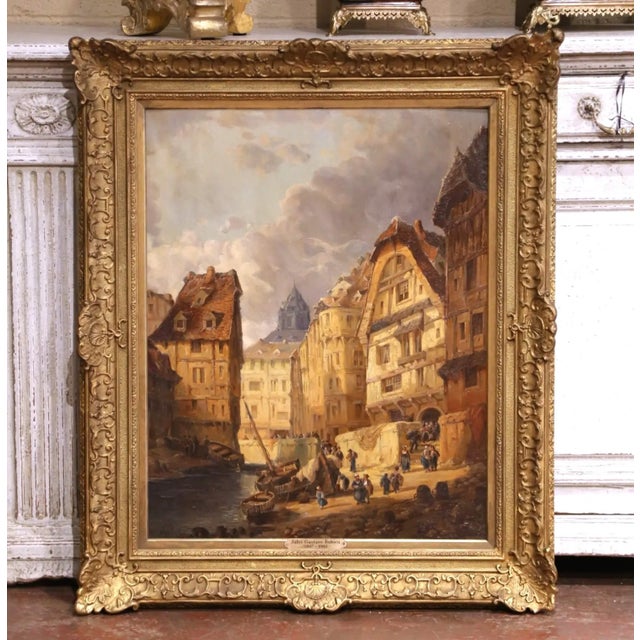 Tan 19th Century Belgium Harbor Scene Oil on Canvas Painting Signed Jules Bahieu For Sale - Image 8 of 18