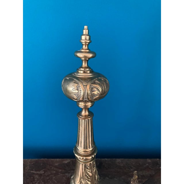 Brass Antique Pair French Neoclassical Brass Andirons — Fluted Column, Lion Paw Feet For Sale - Image 8 of 12
