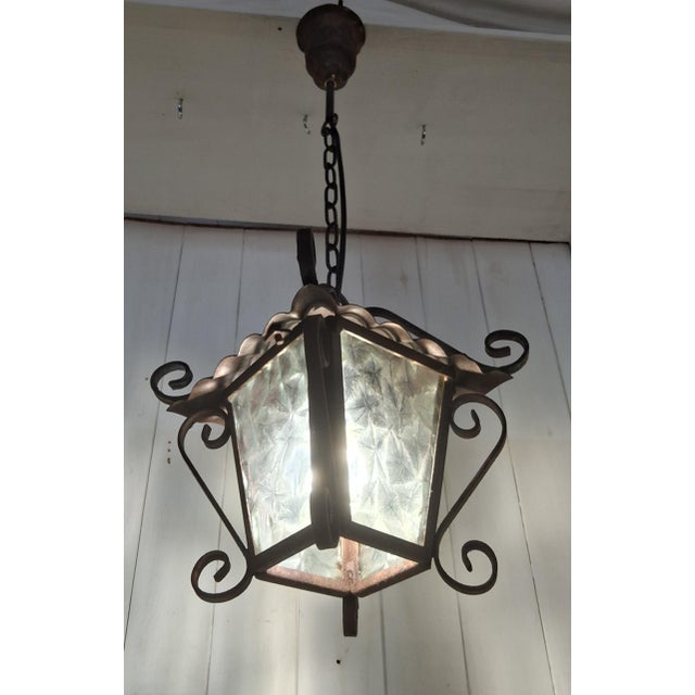 1980s Vintage Rustic German Hanging Lamp in Lantern Shape with Iron, 1980s For Sale - Image 5 of 7