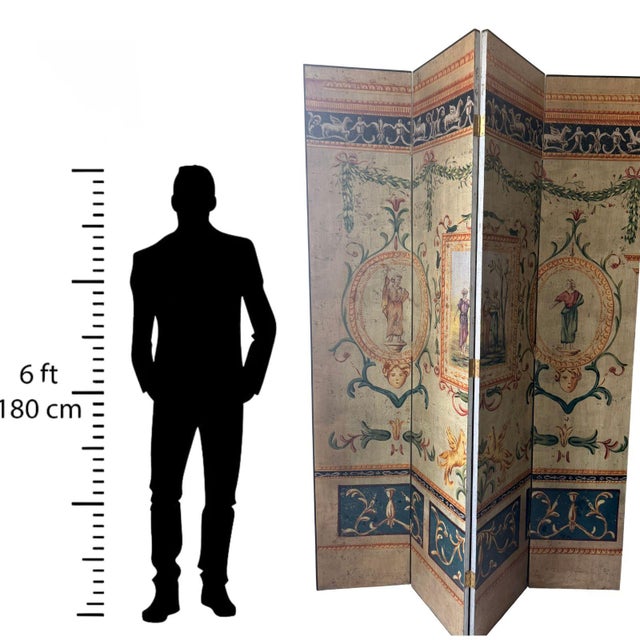 A striking 7-foot hand-painted neoclassical folding screen, decorated with classical medallions, laurel swags,...
