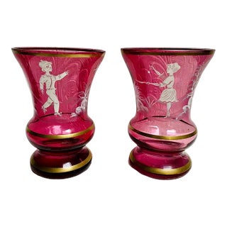 Pair Antique Late 19th Century Hand Painted Girl and Boy Mary Gregory Cranberry Glass Vases For Sale