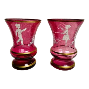 Pair Antique Late 19th Century Hand Painted Girl and Boy Mary Gregory Cranberry Glass Vases