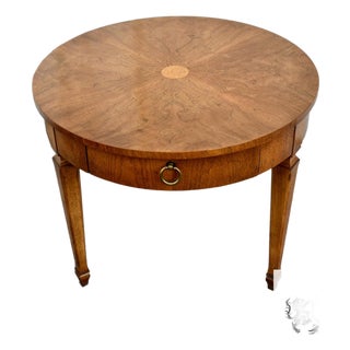 Vintage Baker - Millings Road Round Inlaid Burl & Fruitwood Mid Century Table For Sale