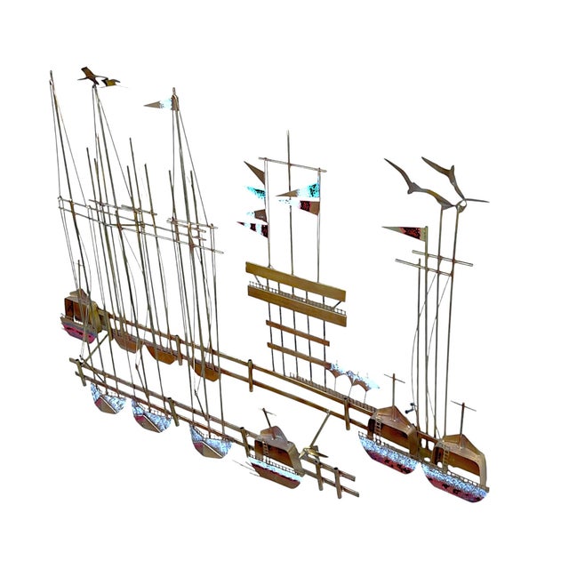 1980s Curtis Jere Nautical Wall Sculpture – Brass Sailboats & Seagulls Harbor Scene For Sale - Image 16 of 18