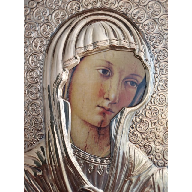 Icon Depicting the Virgin and Child, Painting on Panel with Repoussé Silver Layer, 19th Century For Sale - Image 3 of 6