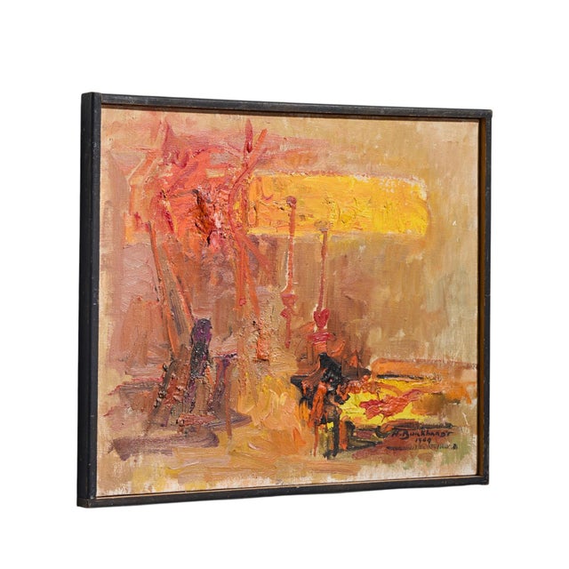 Hans Gustav Burkhardt Mid Century 1969 Signed Abstract Original Oil Painting This painting measures: 16.75 wide x 1.25...