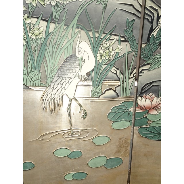 Vintage Silver Chinese Asian Six Panel Screen ~ Room Divider W Heron Birds For Sale - Image 13 of 18