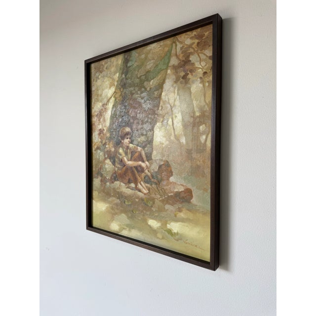 1980’s Veryl Grace Child Under Tree Impressionist Landscape Oil on Canvas Painting, Wood Framed For Sale - Image 4 of 11