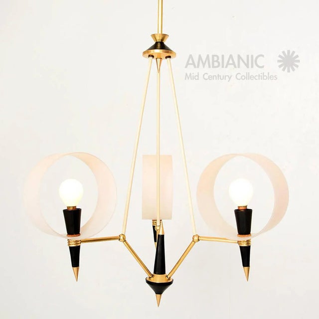 For your consideration an amazing sculptural three arm chandelier. Made in Italy circa 1950s. Opaline circle diffusers...